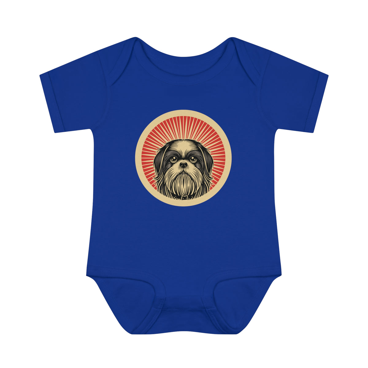 Shih Tzu badge art in a ring of red rays on a baby bodysuit