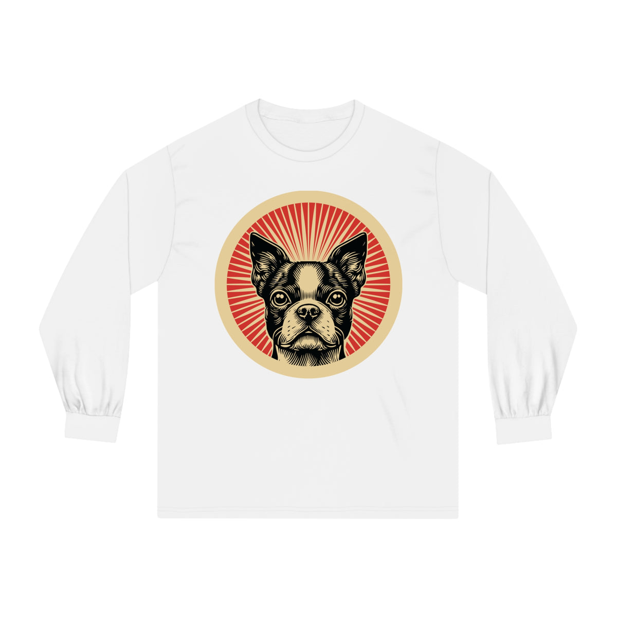 Boston Terrier badge art in a ring of red rays on a long-sleeve tee