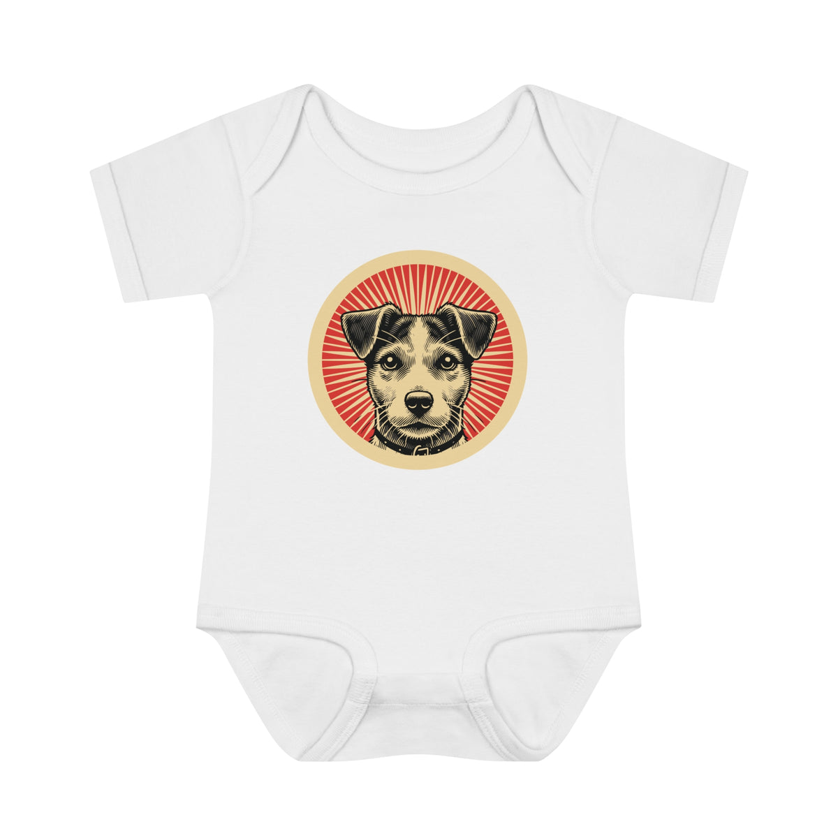 Jack Russell Terrier badge art in a ring of red rays on a baby bodysuit