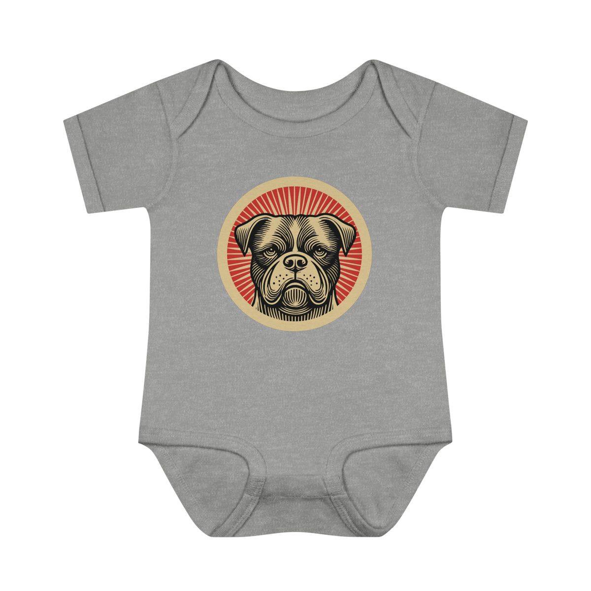 American Bulldog badge art in a ring of red rays on a baby bodysuit