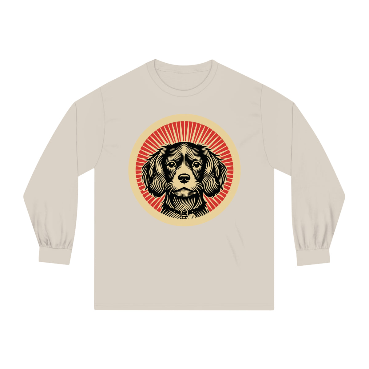 Cavachon badge art in a ring of red rays on a long-sleeve tee