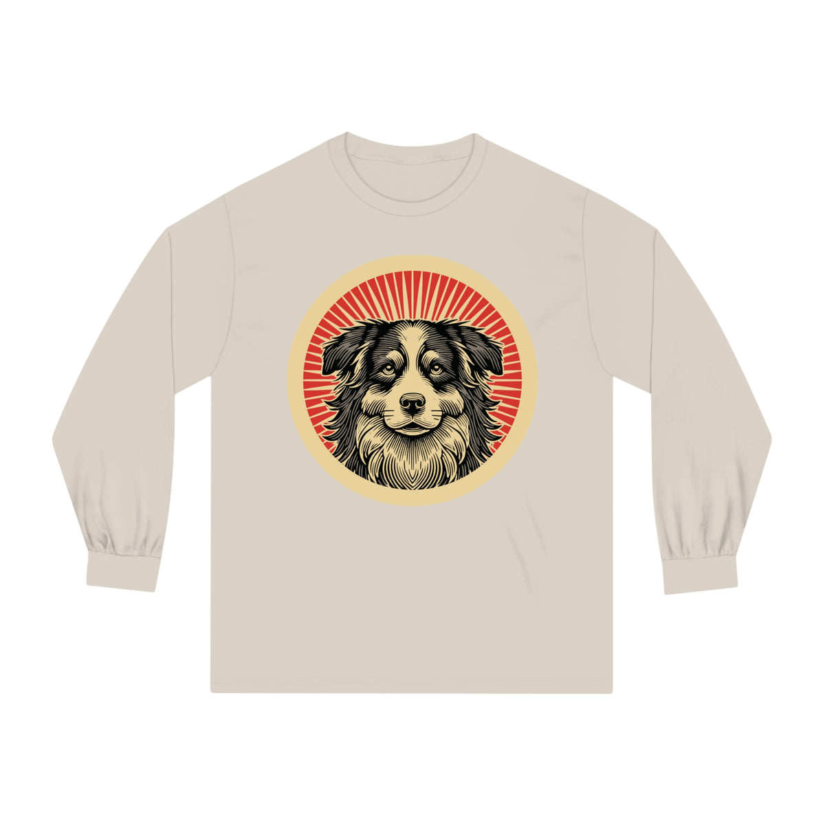 Border Collie badge art in a ring of red rays on a long-sleeve tee