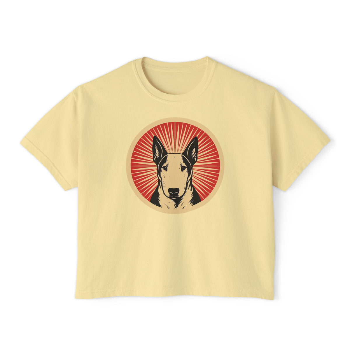 Bull Terrier badge art in a ring of red rays on a boxy tee
