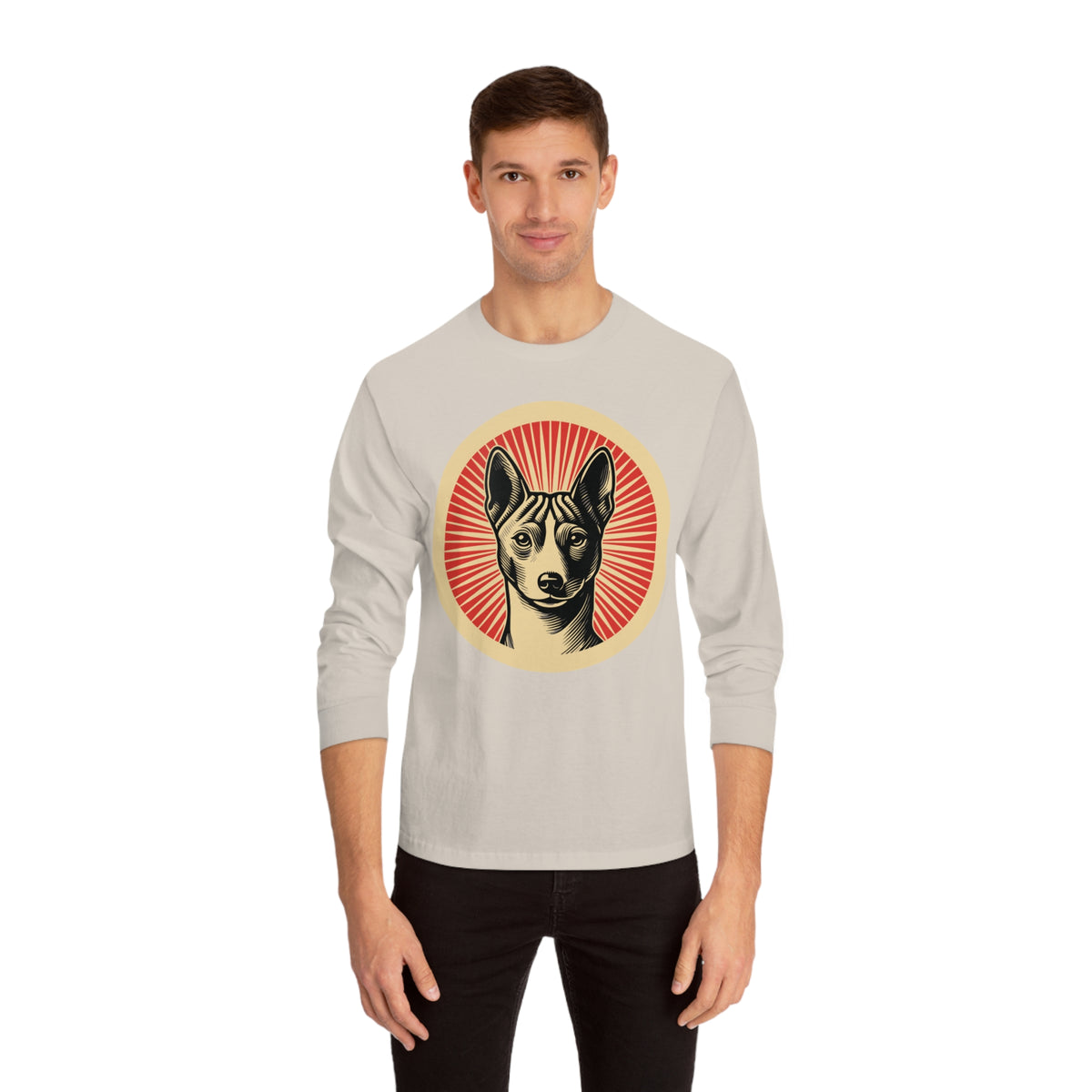 Basenji badge art in a ring of red rays on a long-sleeve tee