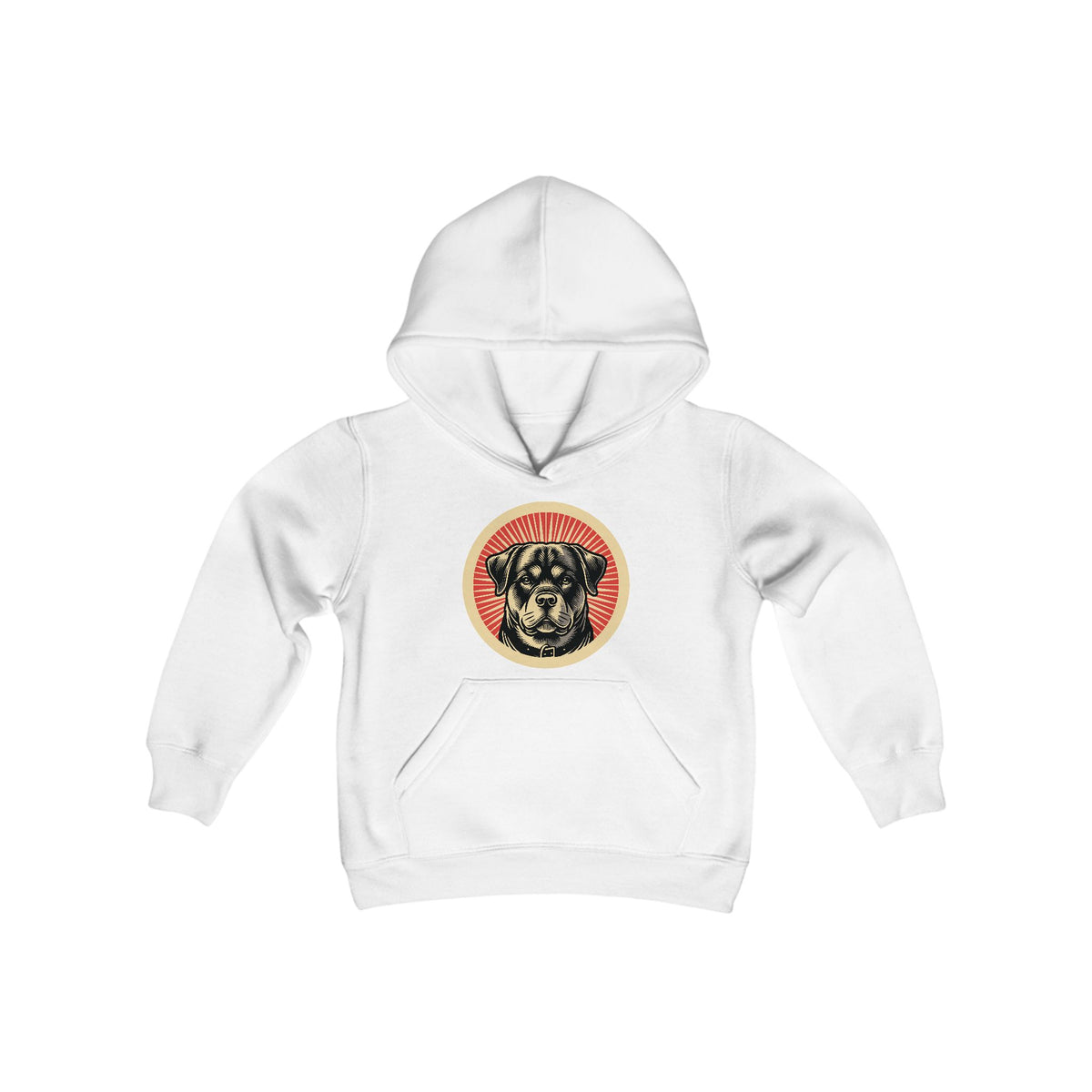Rottweiler badge art in a ring of red rays on a kids' hoodie
