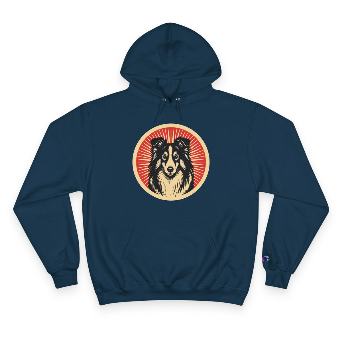 Shetland Sheepdog badge art in a ring of red rays on a champion hoodie