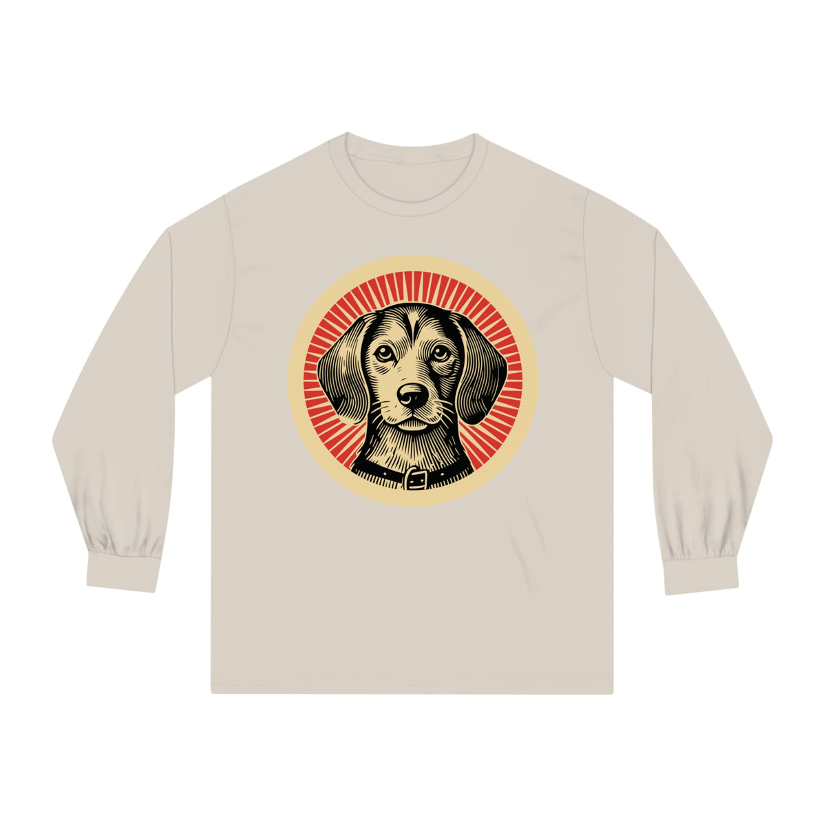 Beaglier badge art in a ring of red rays on a long-sleeve tee