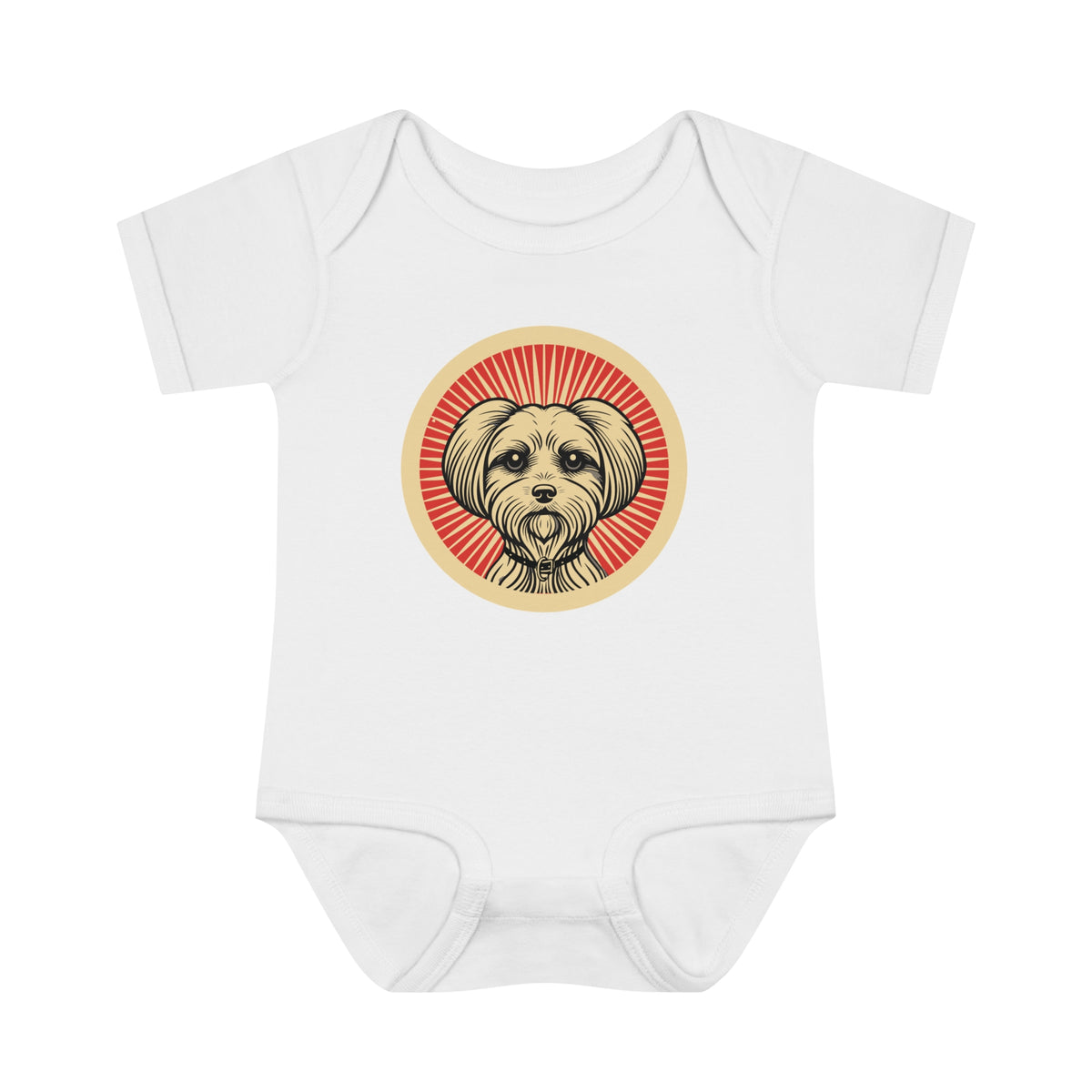 Maltese badge art in a ring of red rays on a baby bodysuit