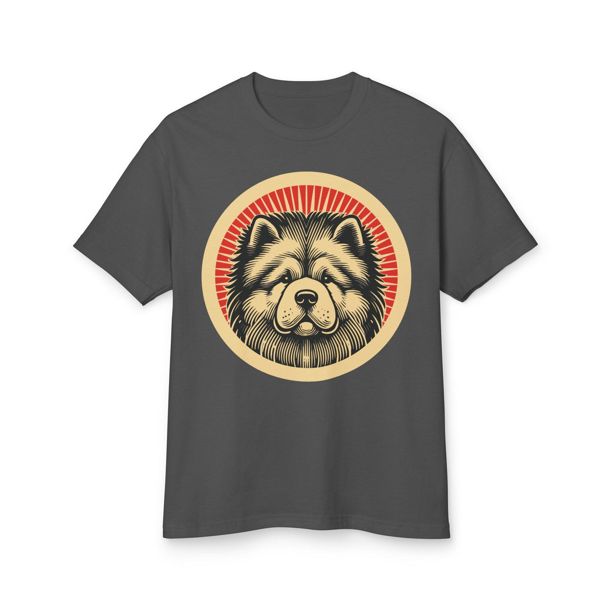Chow Chow badge art in a ring of red rays on a heavyweight tee