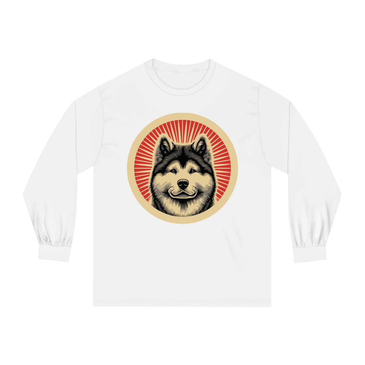 Akita badge art in a ring of red rays on a long-sleeve tee
