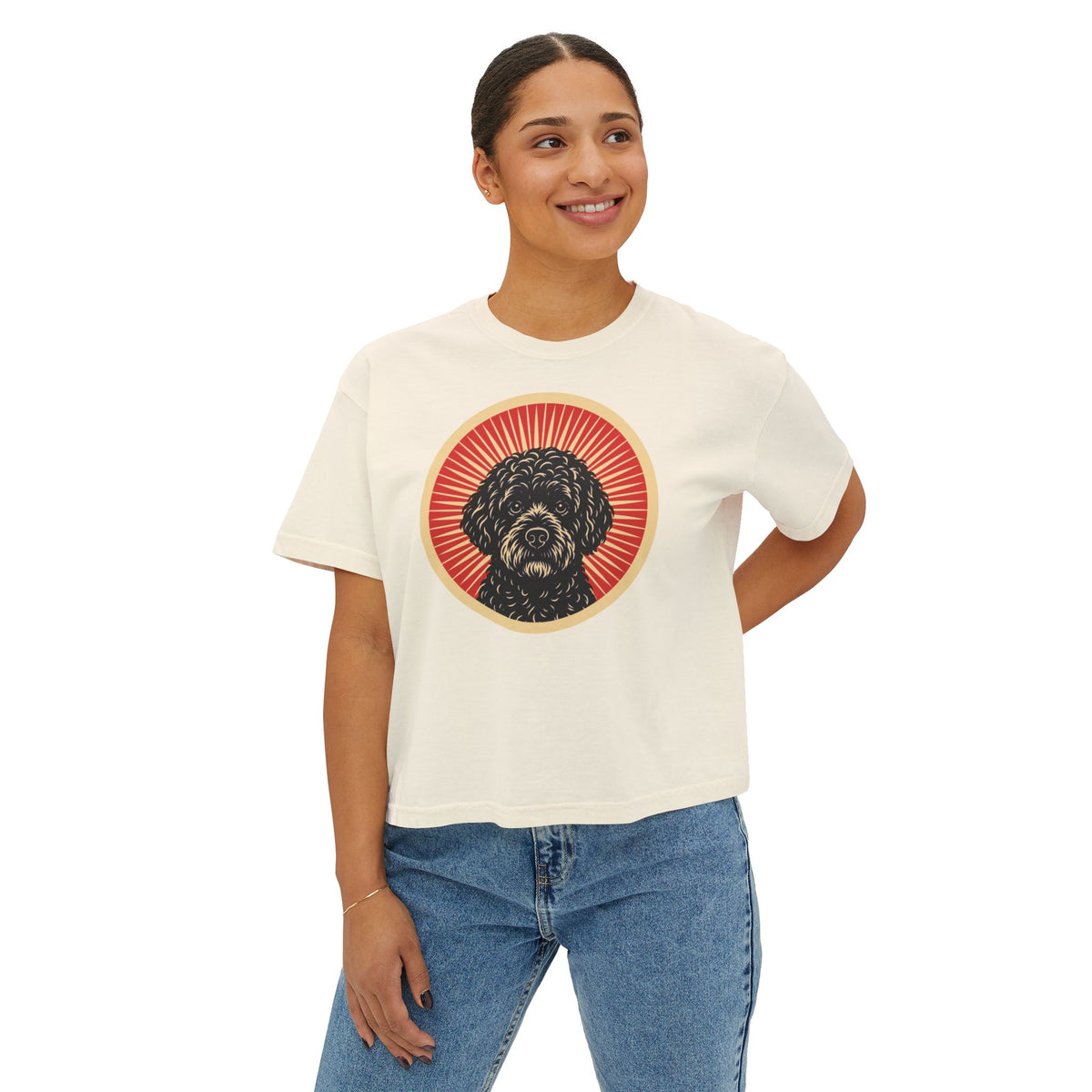Portuguese Water Dog badge art in a ring of red rays on a boxy tee