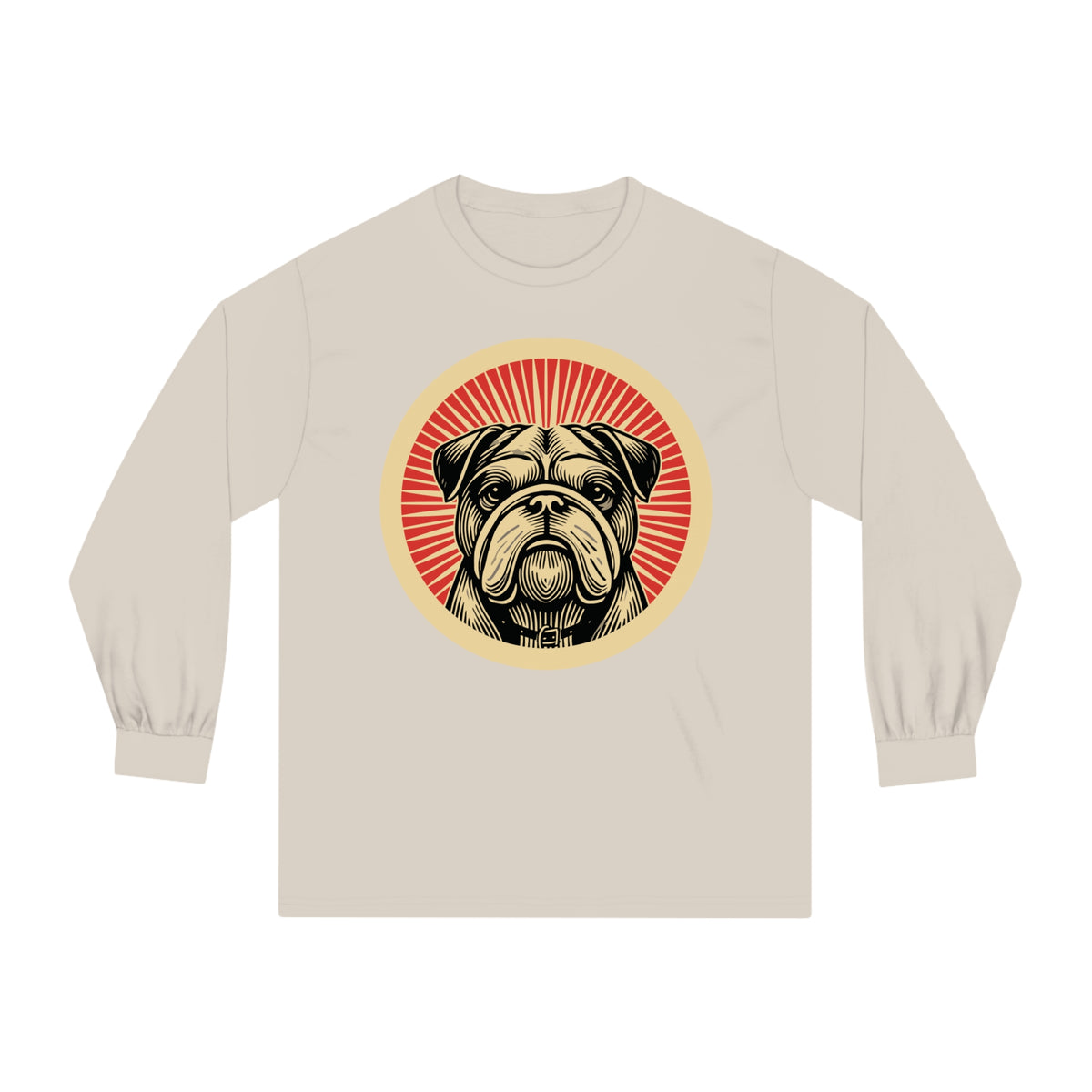 Bulldog badge art in a ring of red rays on a long-sleeve tee
