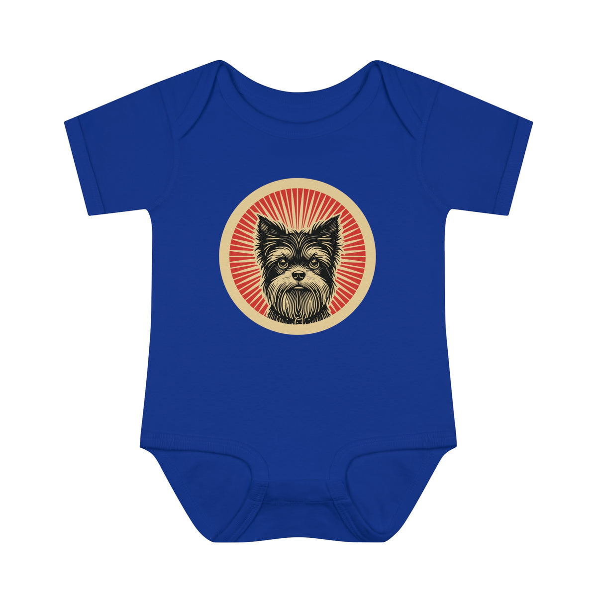 Affenpinscher badge art in a ring of red rays on a baby bodysuit
