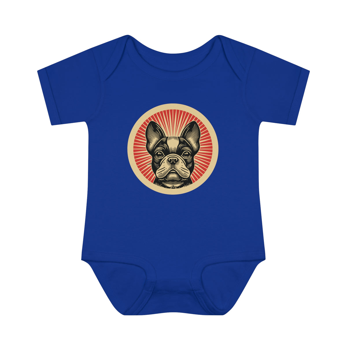 French Bulldog badge art in a ring of red rays on a baby bodysuit