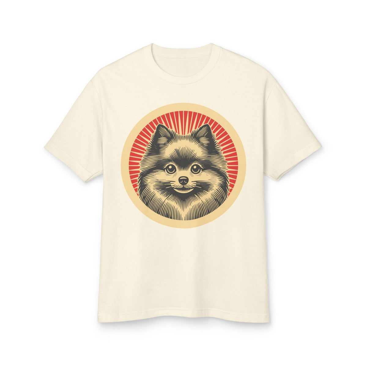 Pomeranian badge art in a ring of red rays on a heavyweight tee