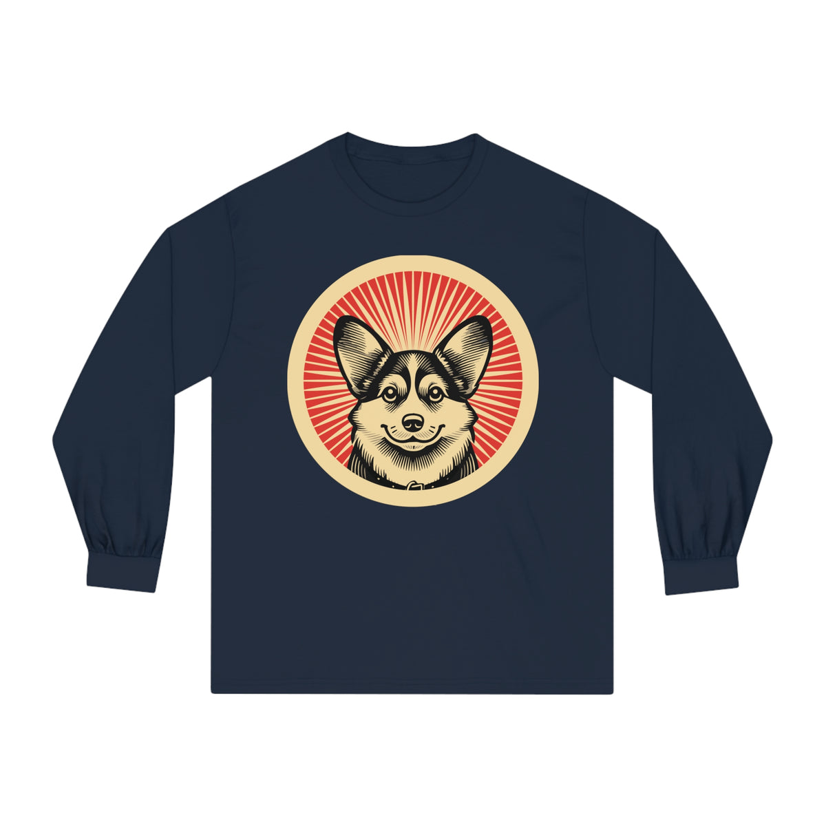 Pembroke Welsh Corgi badge art in a ring of red rays on a long-sleeve tee