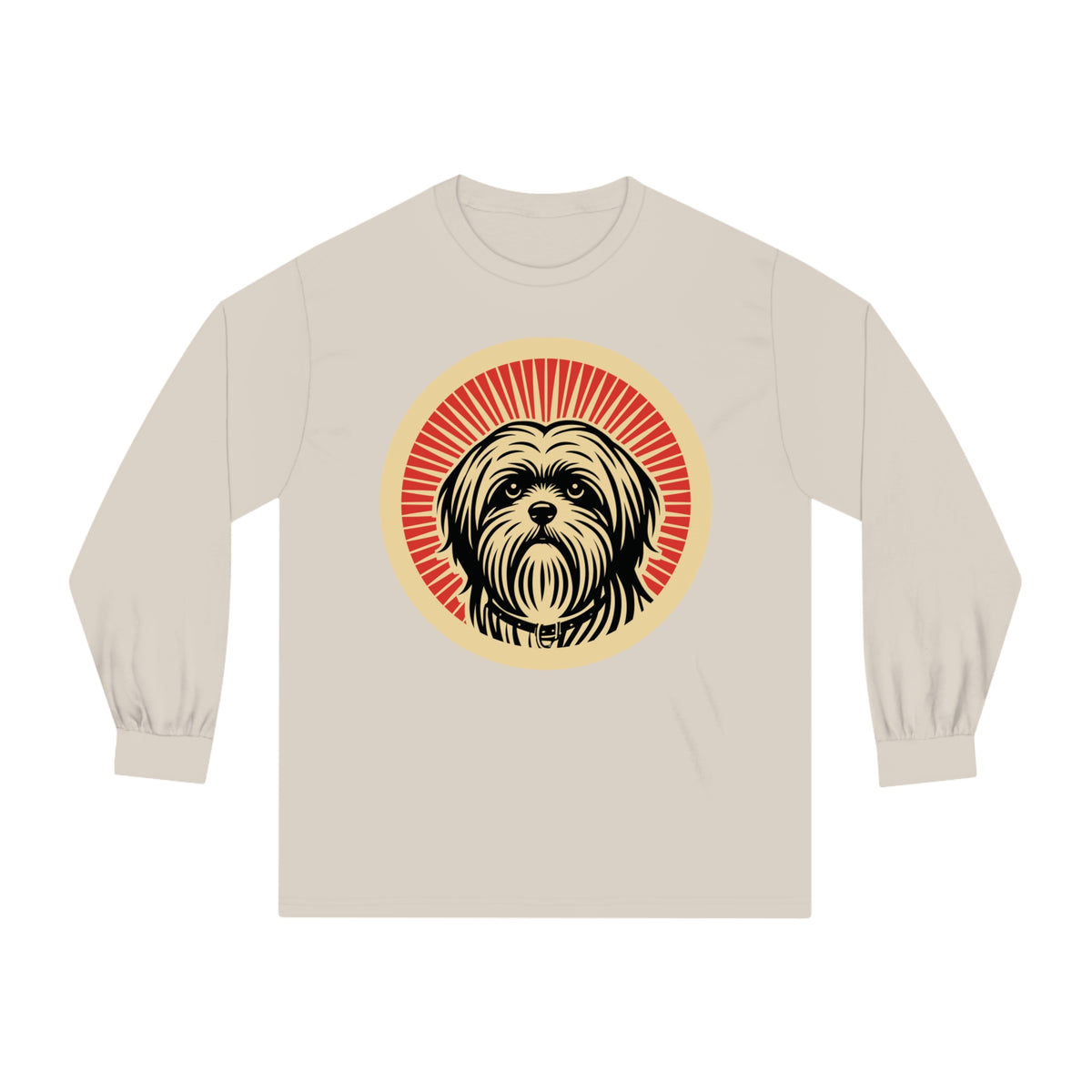 Lhasa Apso badge art in a ring of red rays on a long-sleeve tee