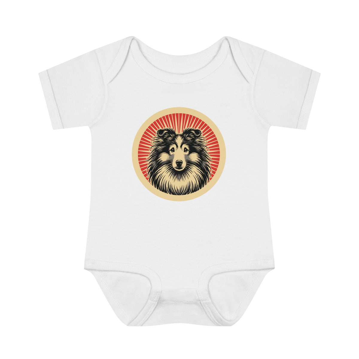 Shetland Sheepdog badge art in a ring of red rays on a baby bodysuit