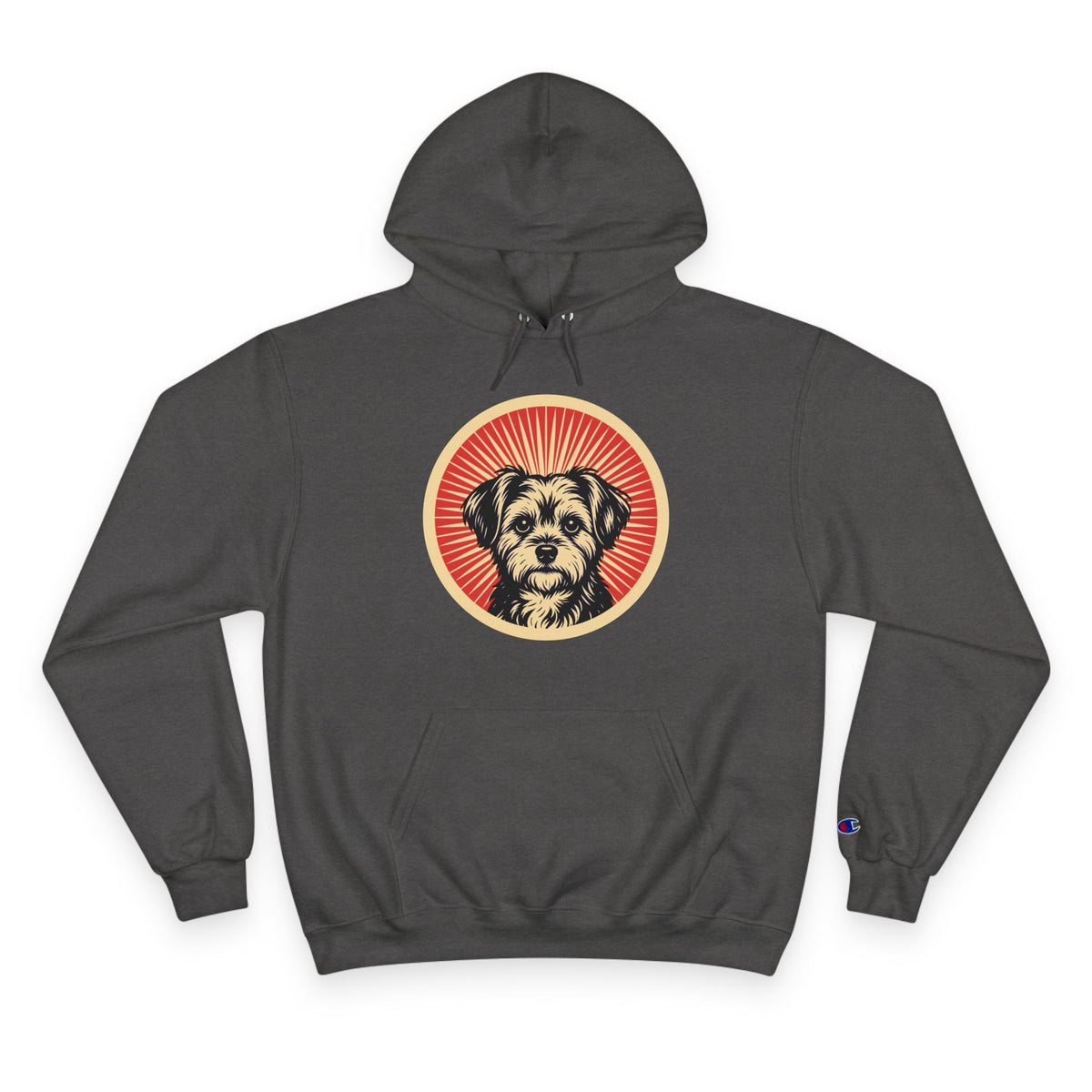 Shorkie badge art in a ring of red rays on a champion hoodie