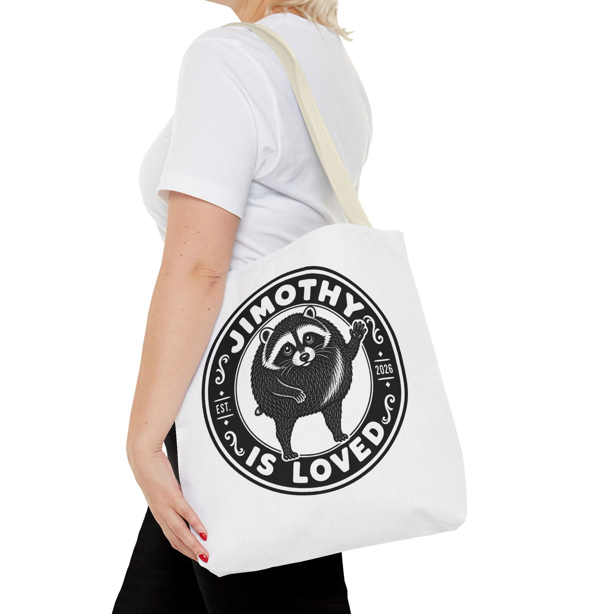 Personalized Raccoon Tote — "Jimothy Is Loved" Graphic Tote Bag