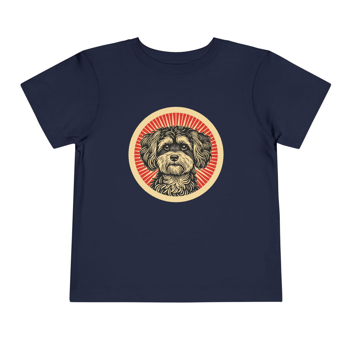 Maltipoo badge art in a ring of red rays on a toddler tee