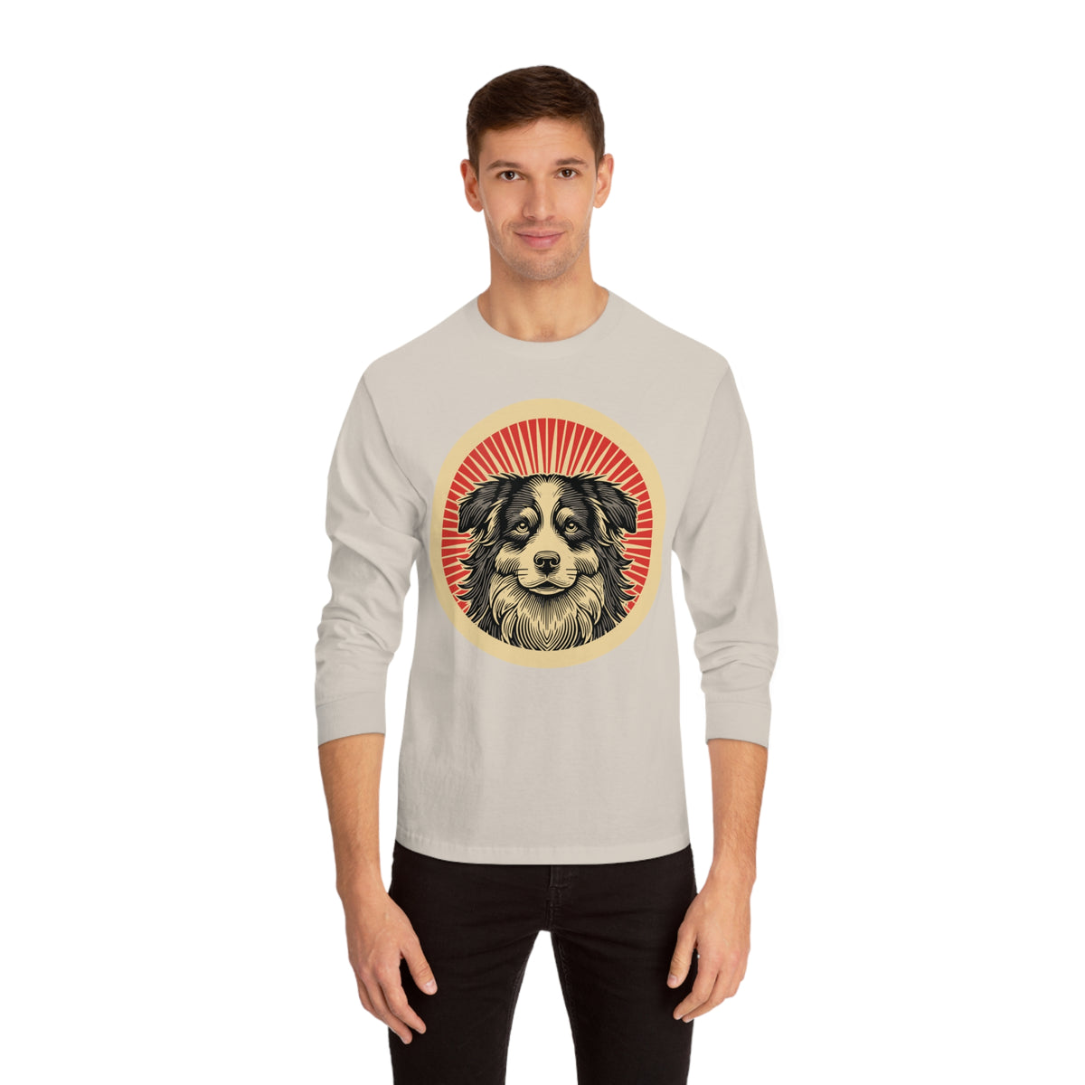 Border Collie badge art in a ring of red rays on a long-sleeve tee
