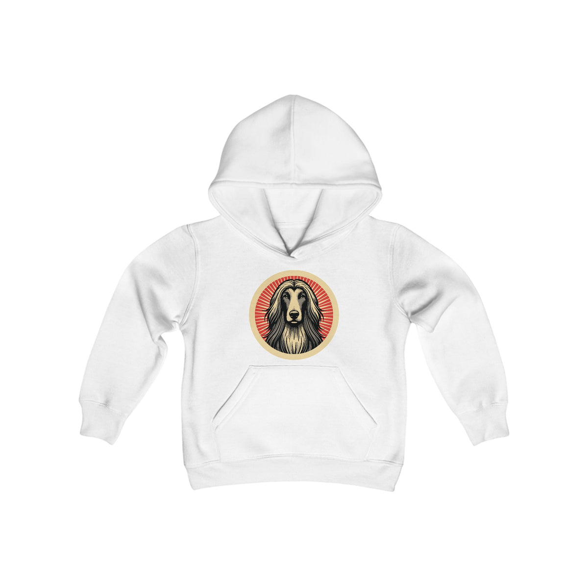 Afghan Hound badge art in a ring of red rays on a kids' hoodie