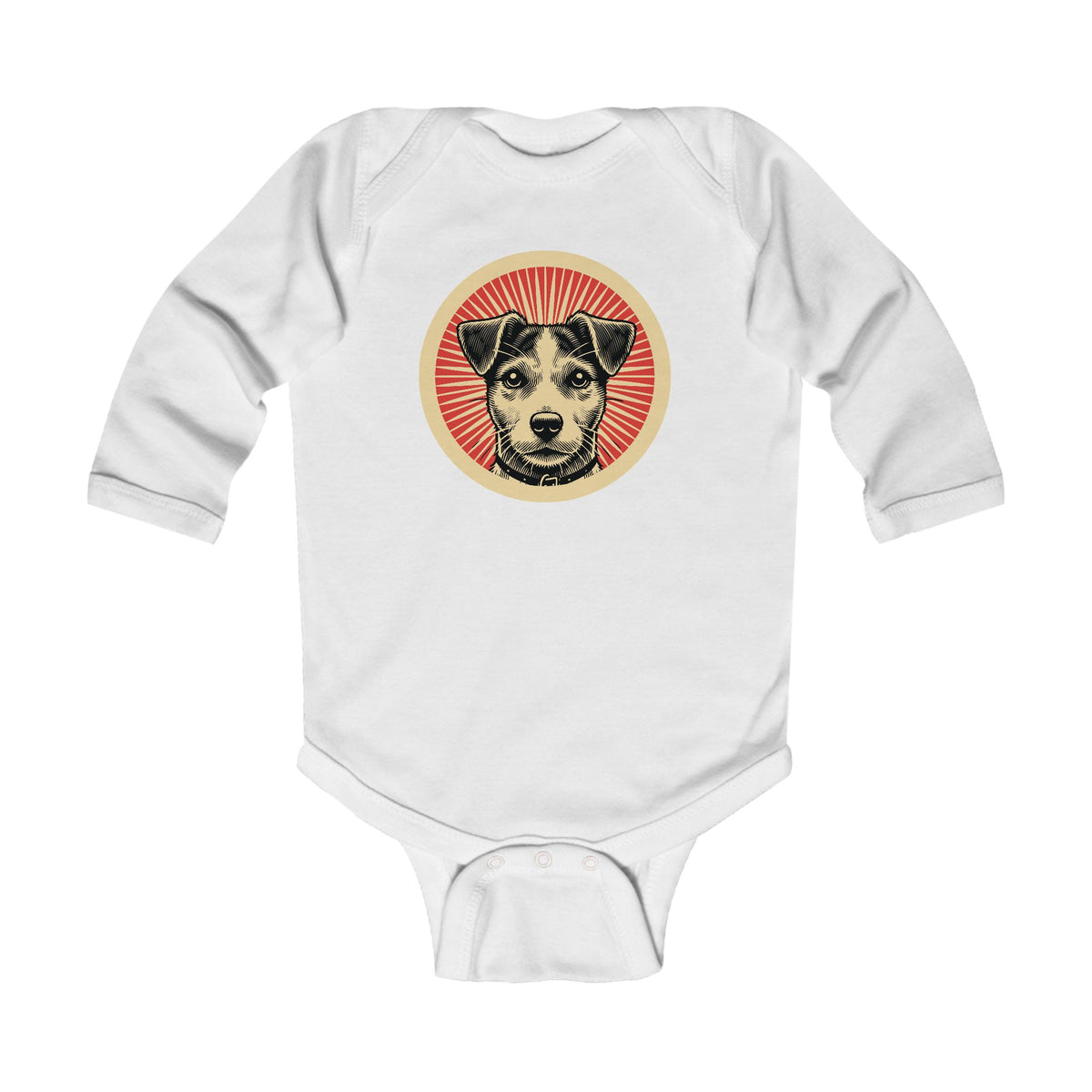 Jack Russell Terrier badge art in a ring of red rays on a long-sleeved baby bodysuit