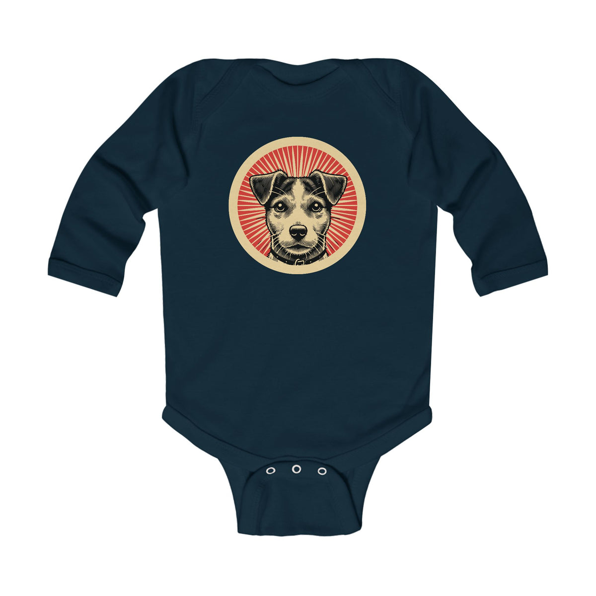 Jack Russell Terrier badge art in a ring of red rays on a long-sleeved baby bodysuit