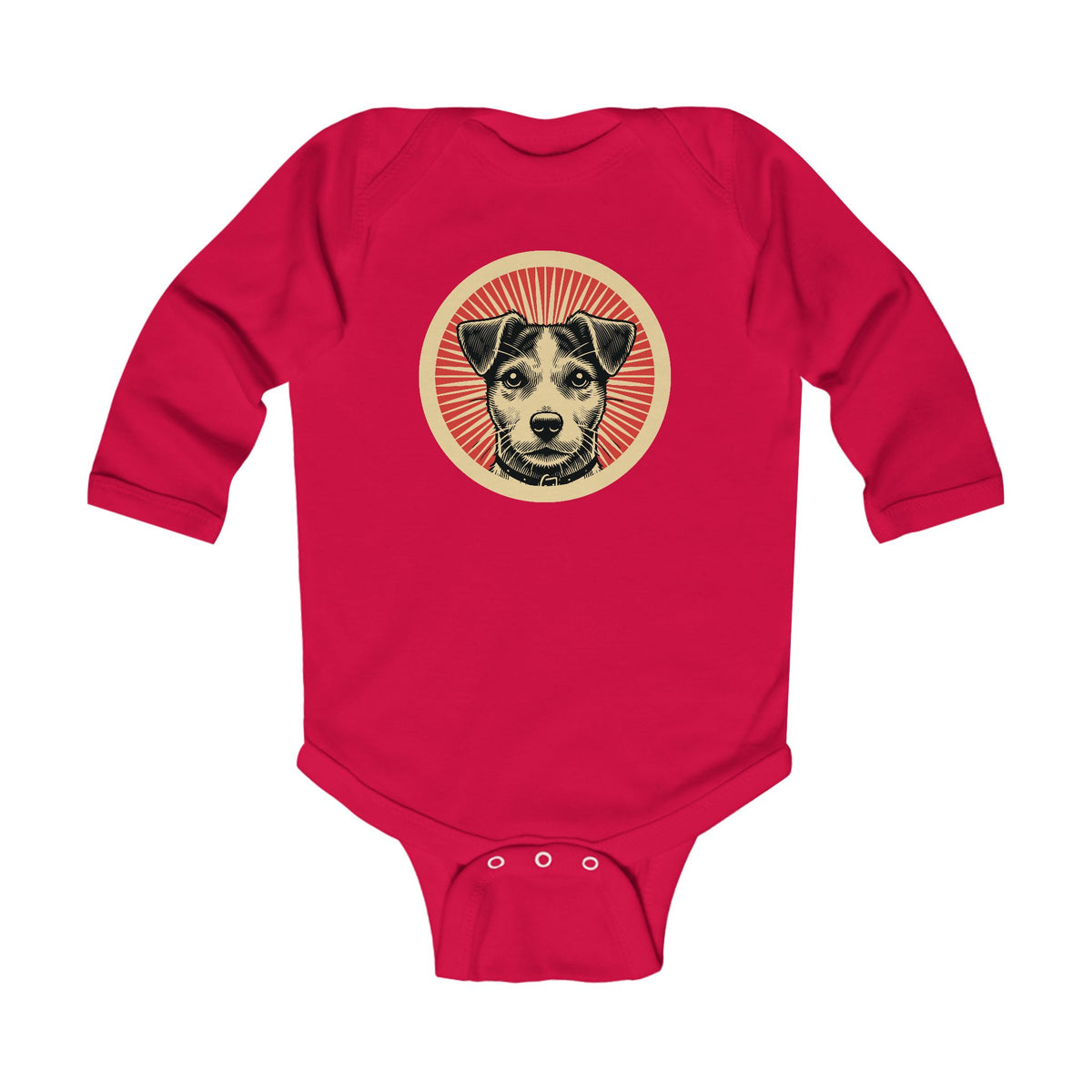 Jack Russell Terrier badge art in a ring of red rays on a long-sleeved baby bodysuit