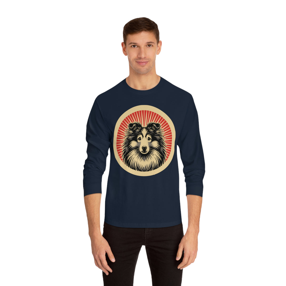 Shetland Sheepdog badge art in a ring of red rays on a long-sleeve tee