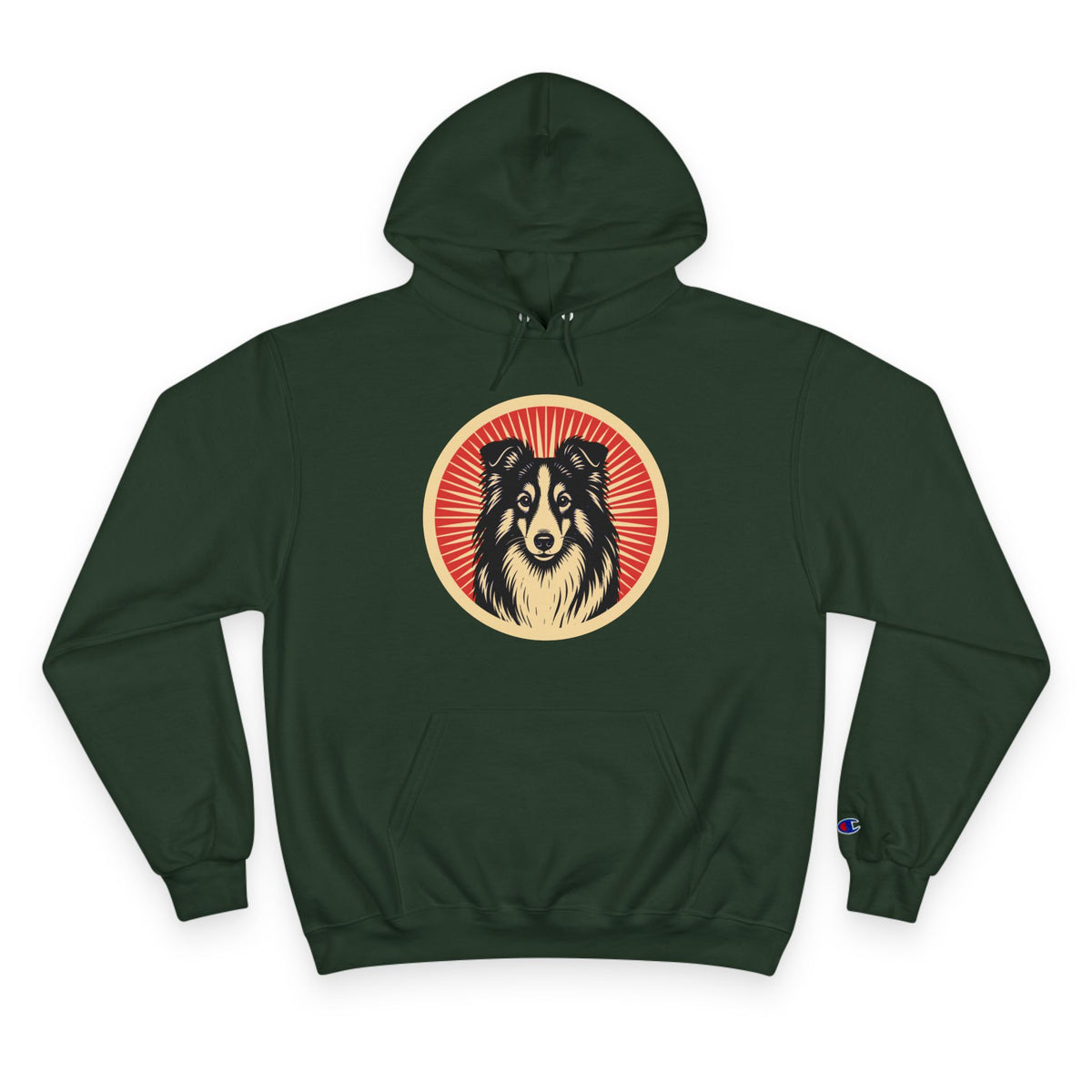 Shetland Sheepdog badge art in a ring of red rays on a champion hoodie