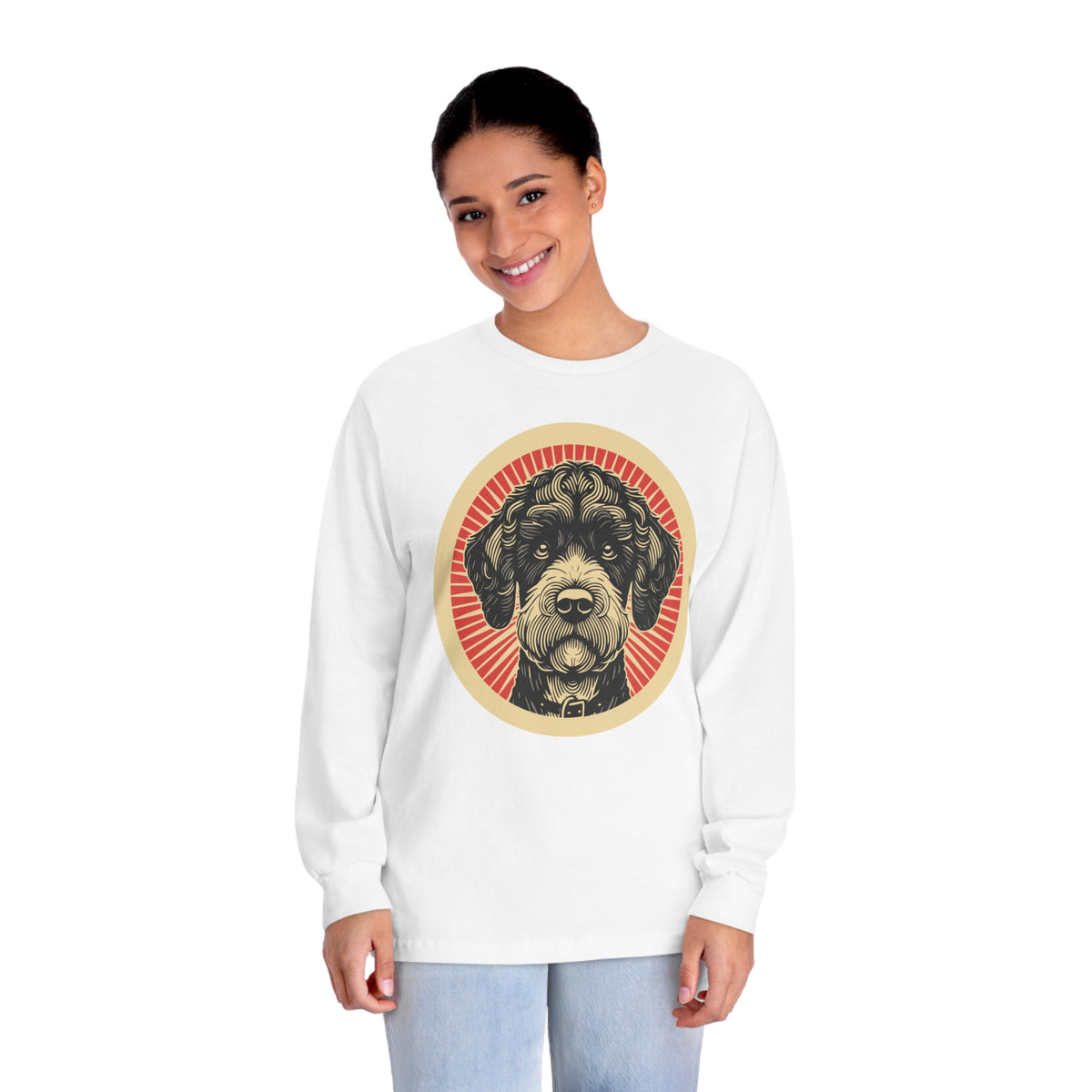 Boxerdoodle badge art in a ring of red rays on a long-sleeve tee