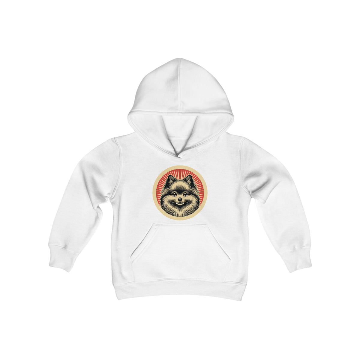Pomeranian badge art in a ring of red rays on a kids' hoodie