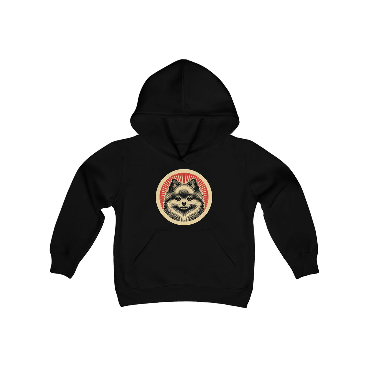 Pomeranian badge art in a ring of red rays on a kids' hoodie