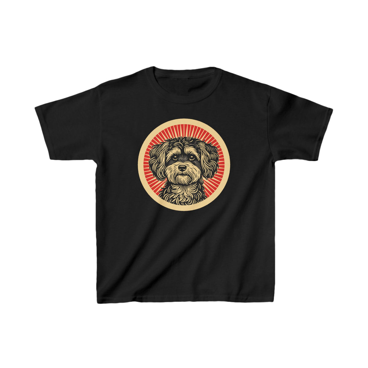 Maltipoo badge art in a ring of red rays on a kids' tee