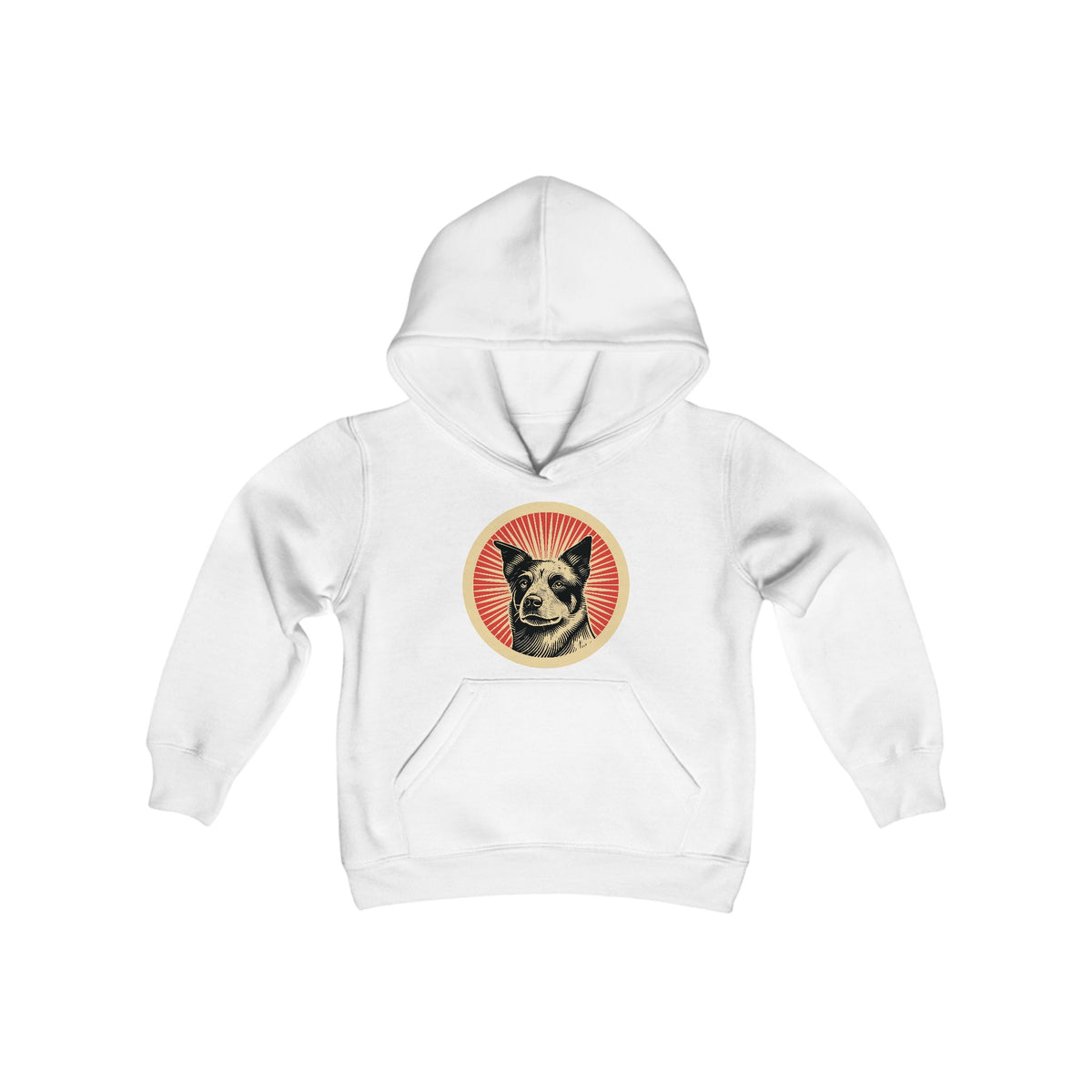 Australian Cattle Dog badge art in a ring of red rays on a kids' hoodie