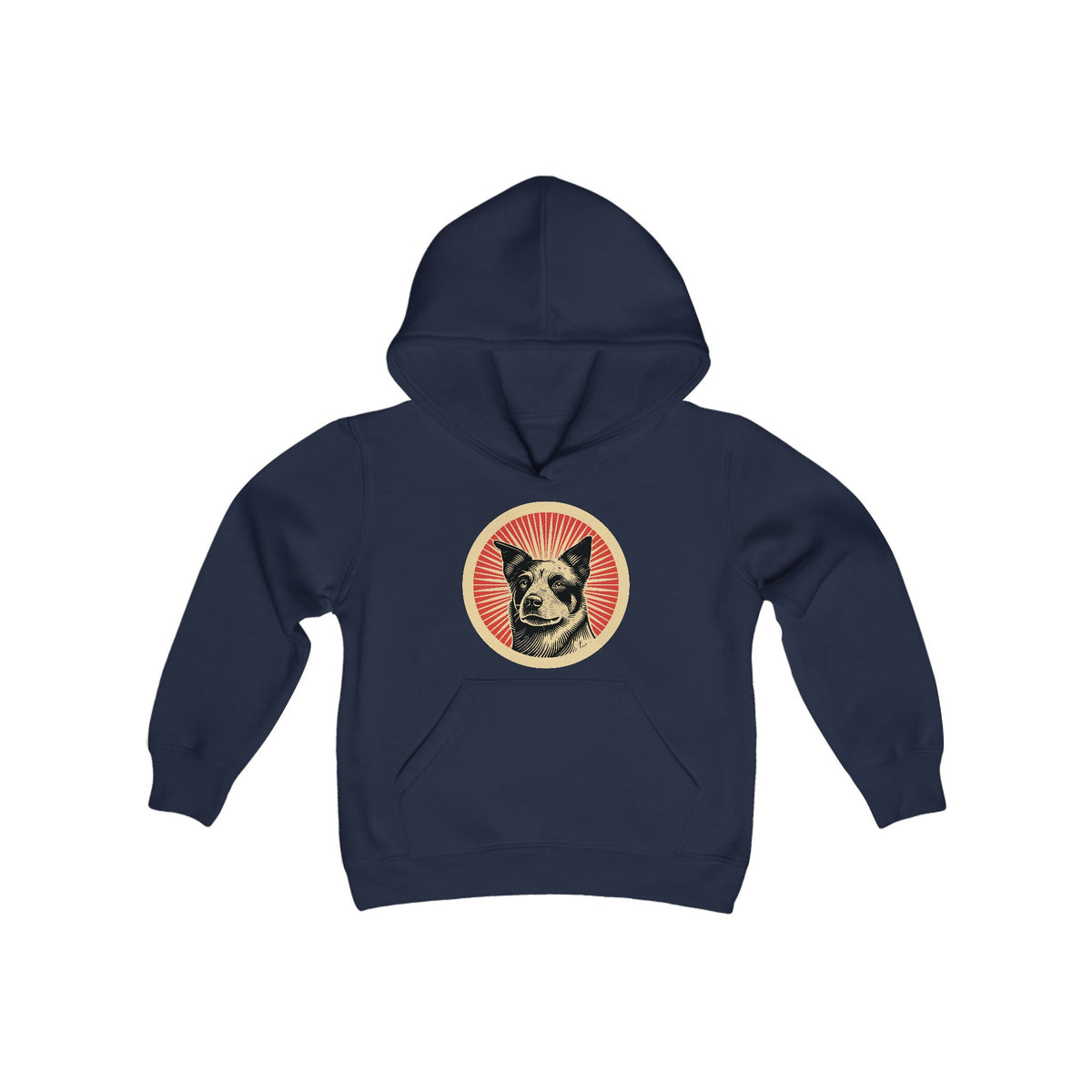 Australian Cattle Dog badge art in a ring of red rays on a kids' hoodie