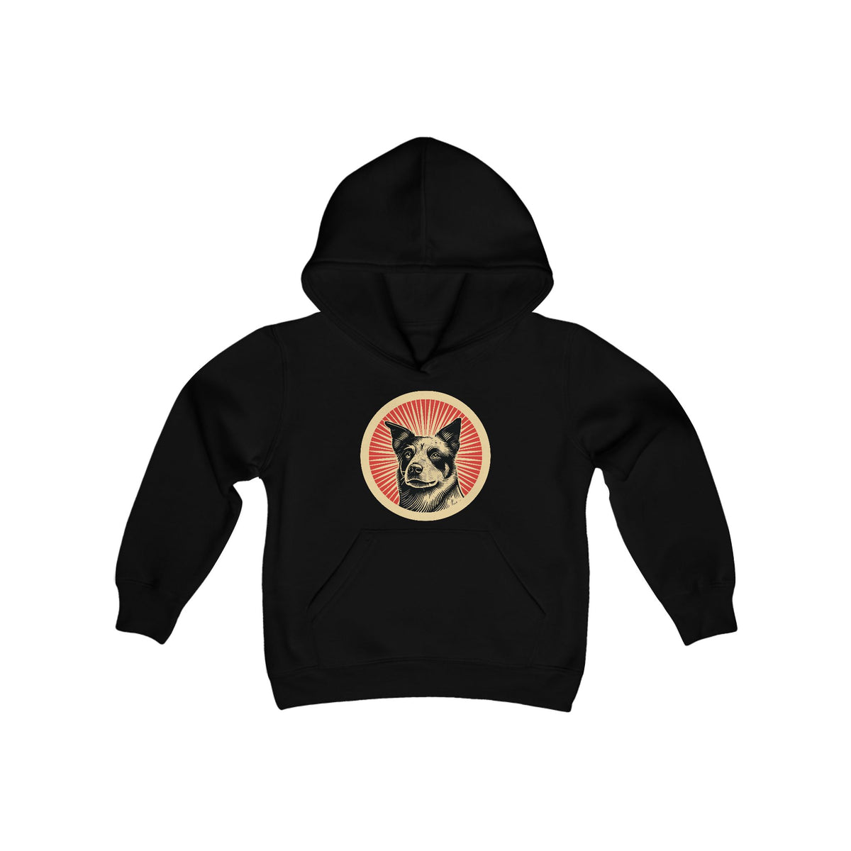 Australian Cattle Dog badge art in a ring of red rays on a kids' hoodie