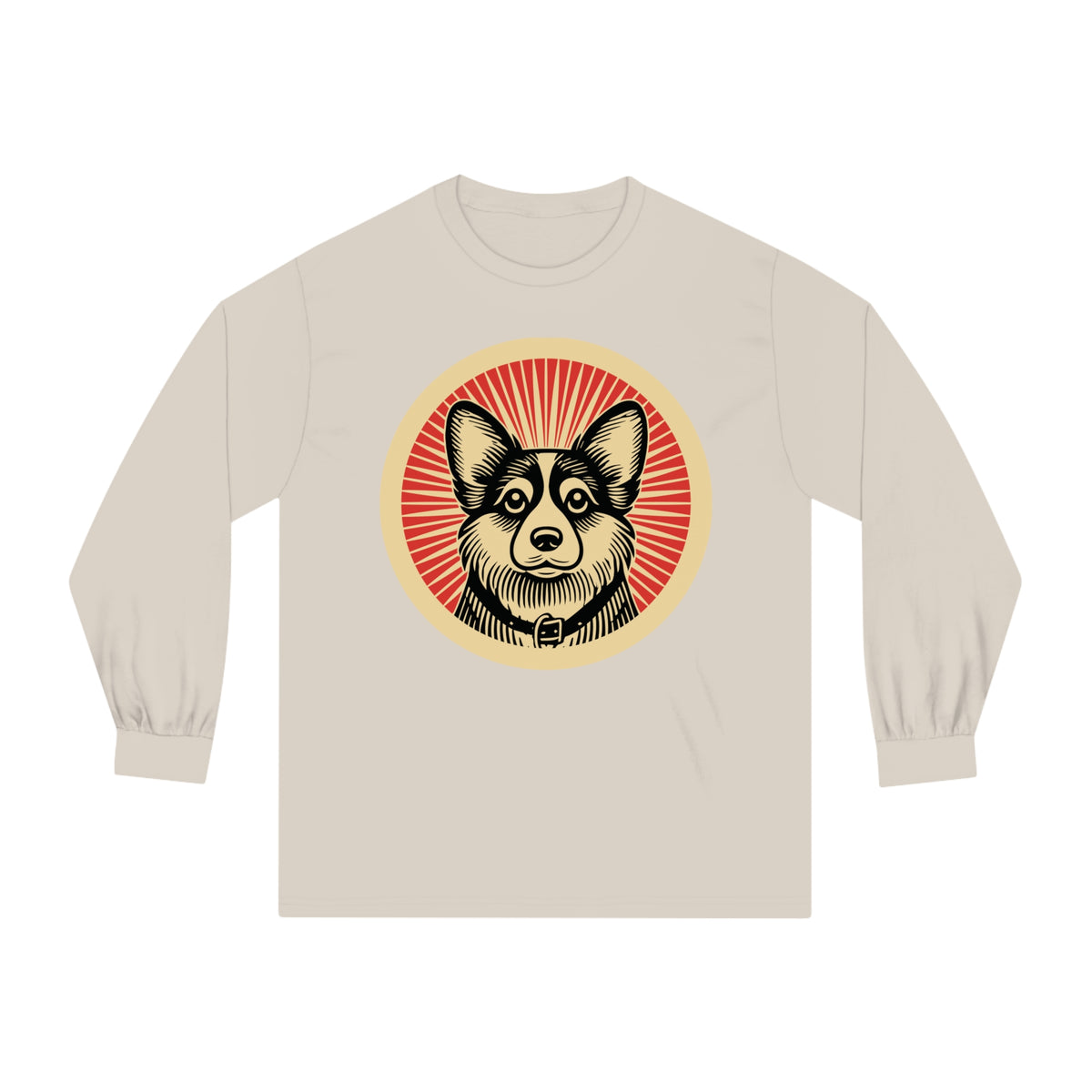 Corgipoo badge art in a ring of red rays on a long-sleeve tee