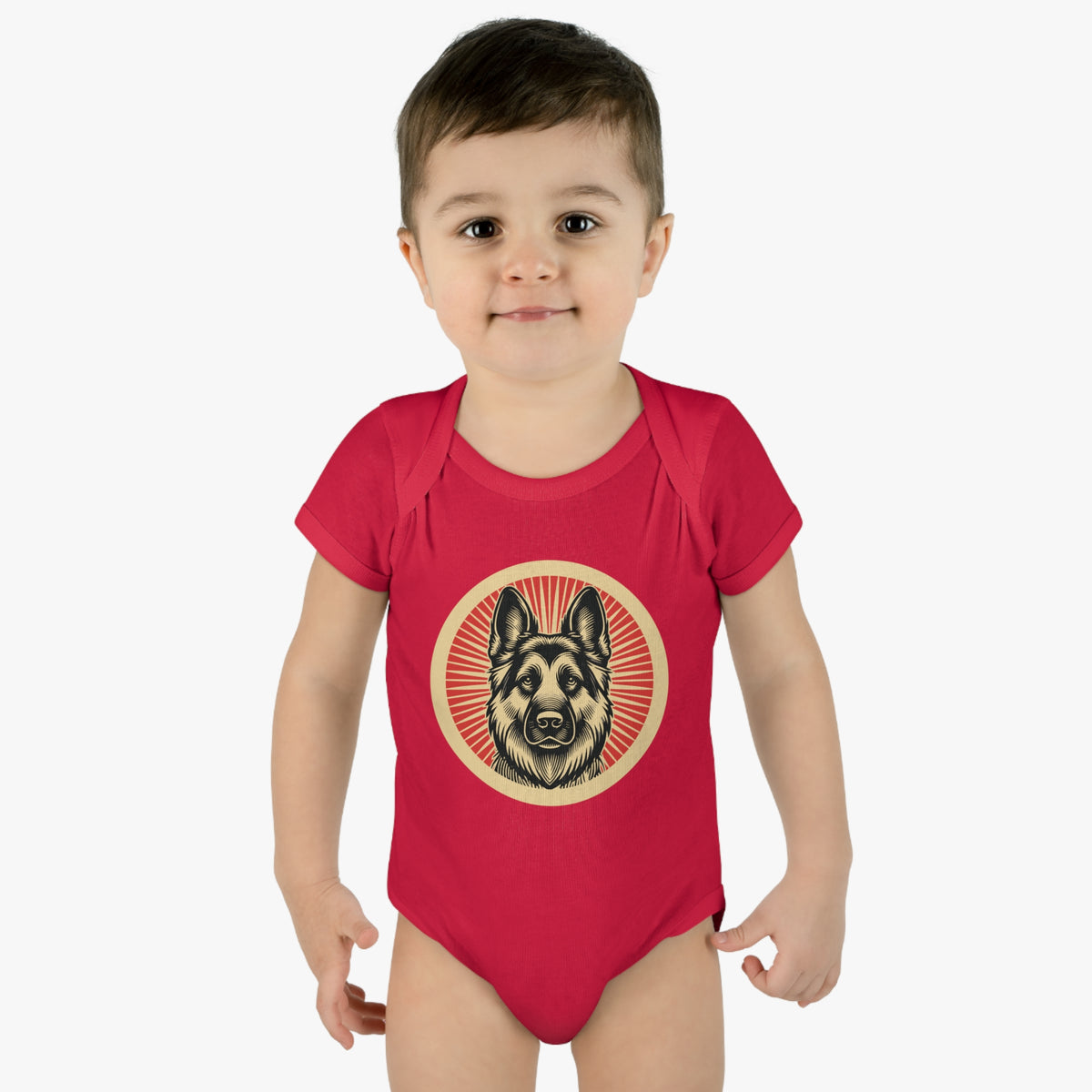 German Shepherd badge art in a ring of red rays on a baby bodysuit
