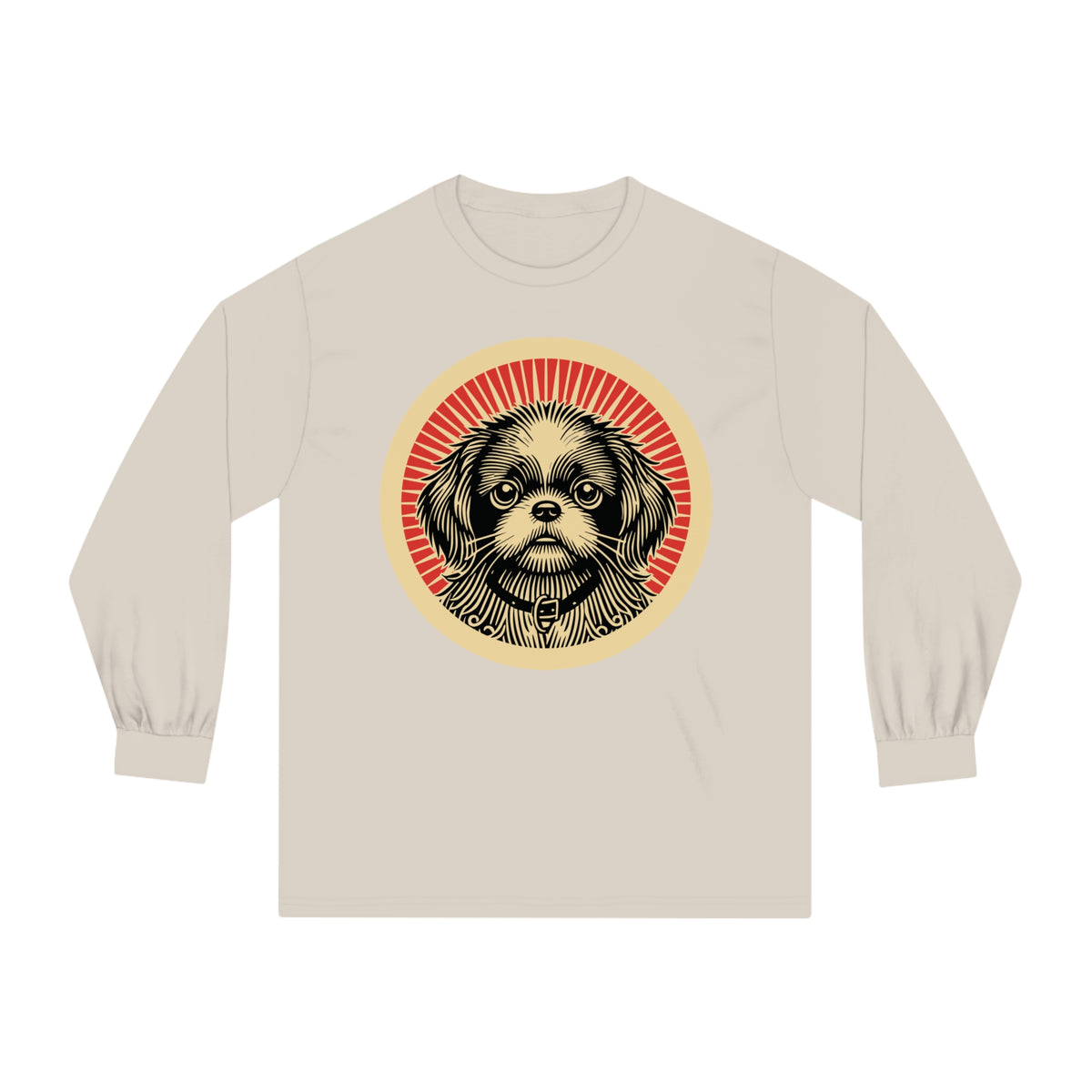Pekepoo badge art in a ring of red rays on a long-sleeve tee