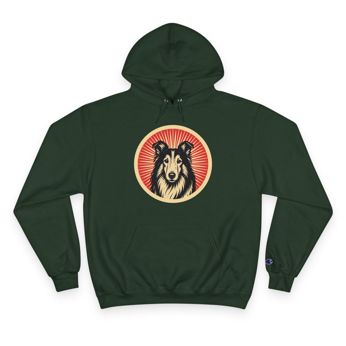 Collie badge art in a ring of red rays on a champion hoodie