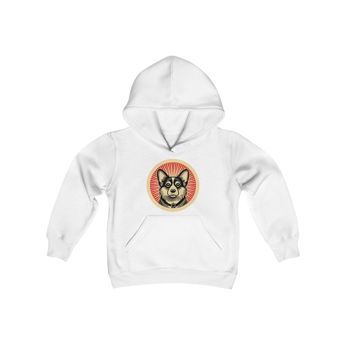 Corgipoo badge art in a ring of red rays on a kids' hoodie