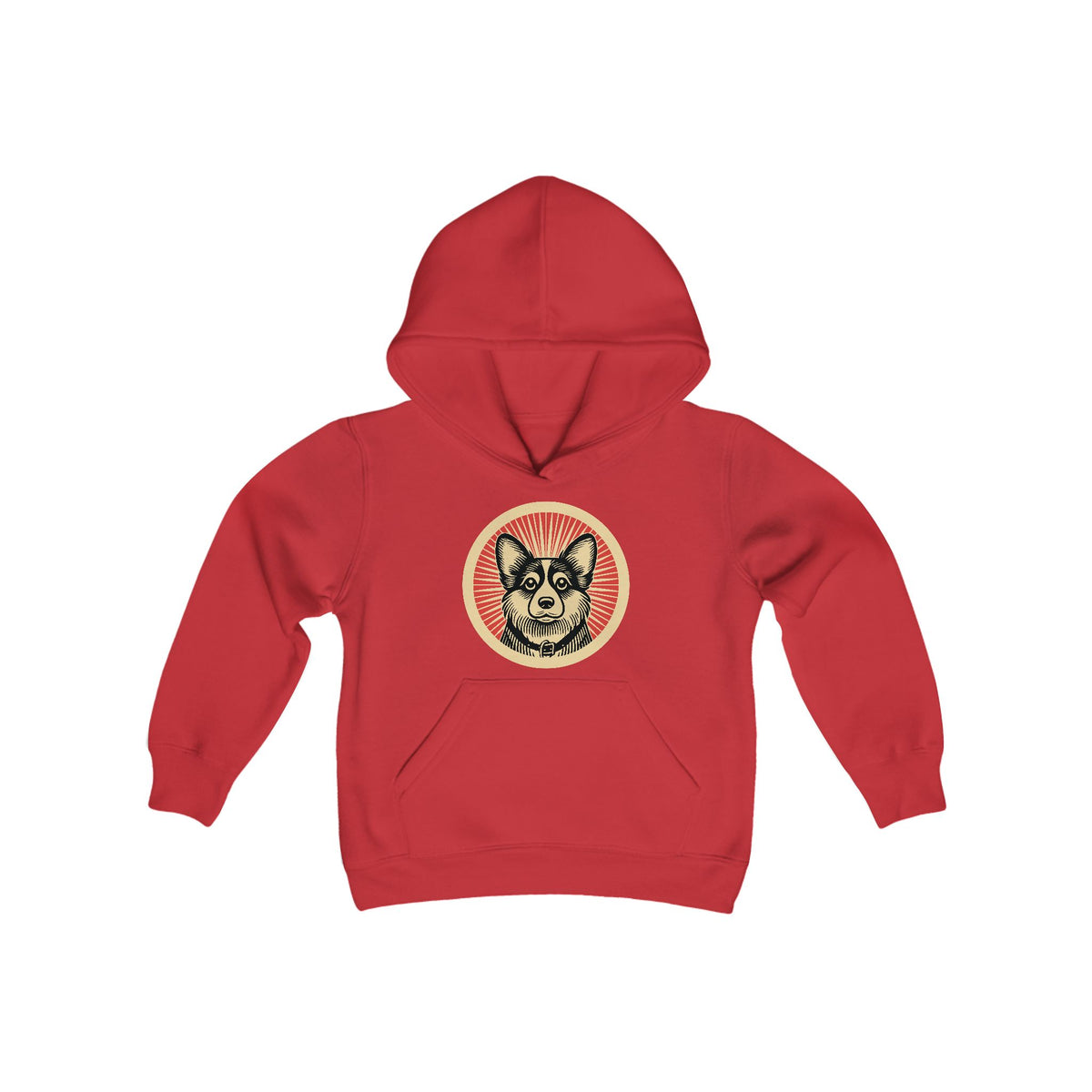 Corgipoo badge art in a ring of red rays on a kids' hoodie