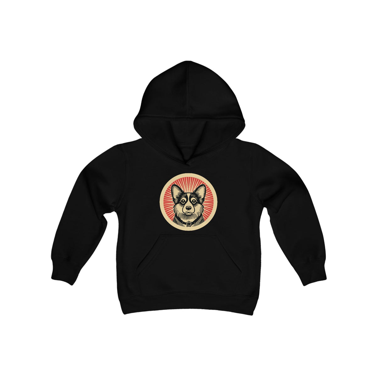 Corgipoo badge art in a ring of red rays on a kids' hoodie