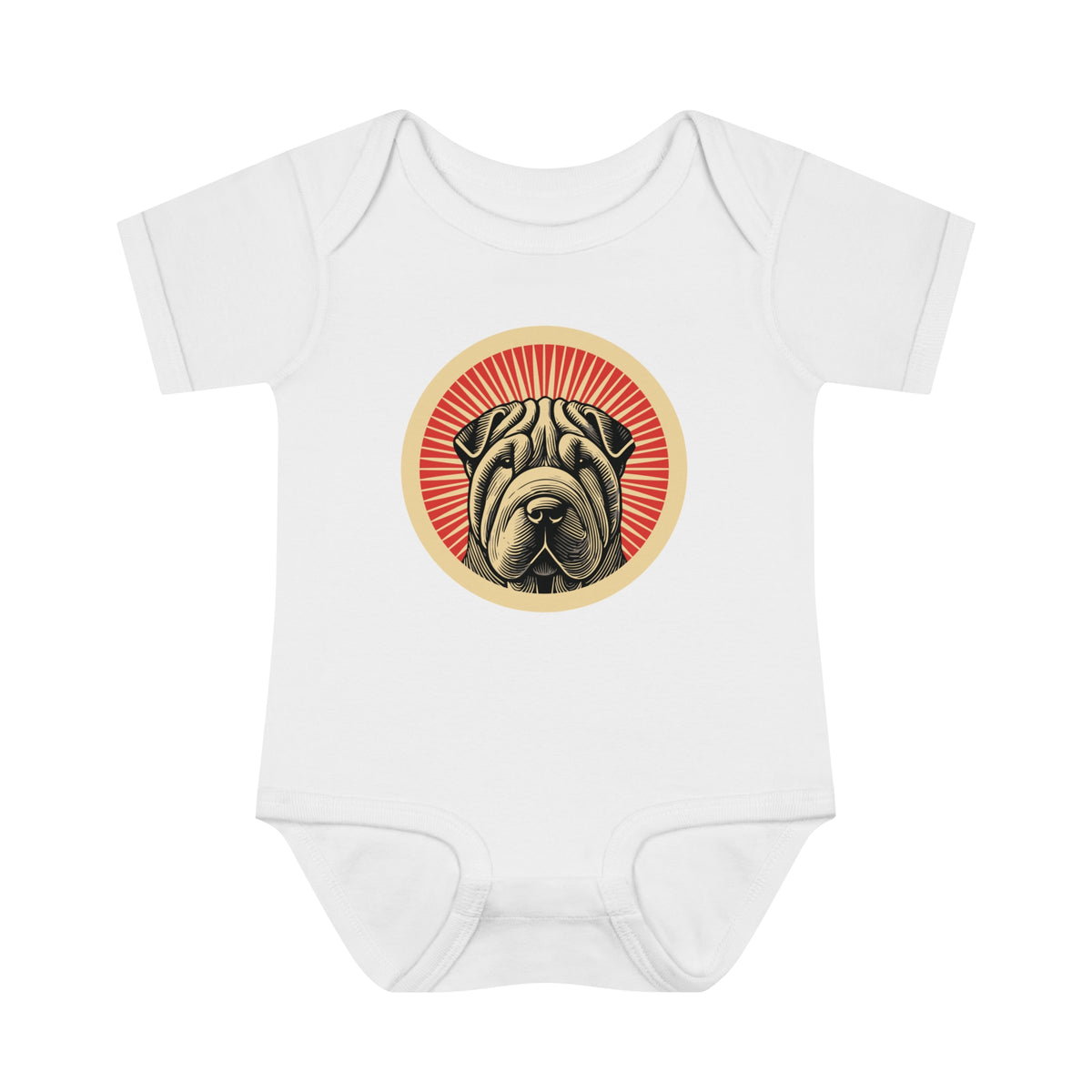 Chinese Shar-Pei badge art in a ring of red rays on a baby bodysuit