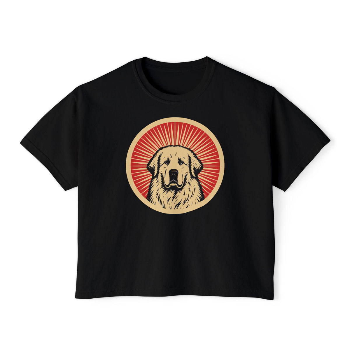 Great Pyrenees badge art in a ring of red rays on a boxy tee