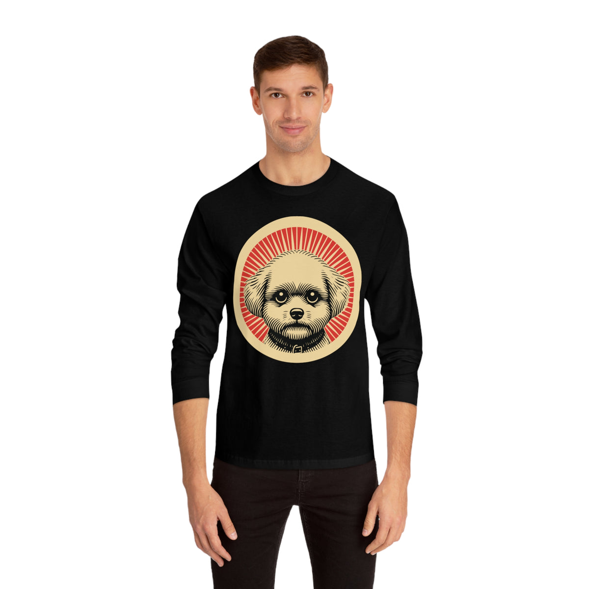 Bichon Frise badge art in a ring of red rays on a long-sleeve tee