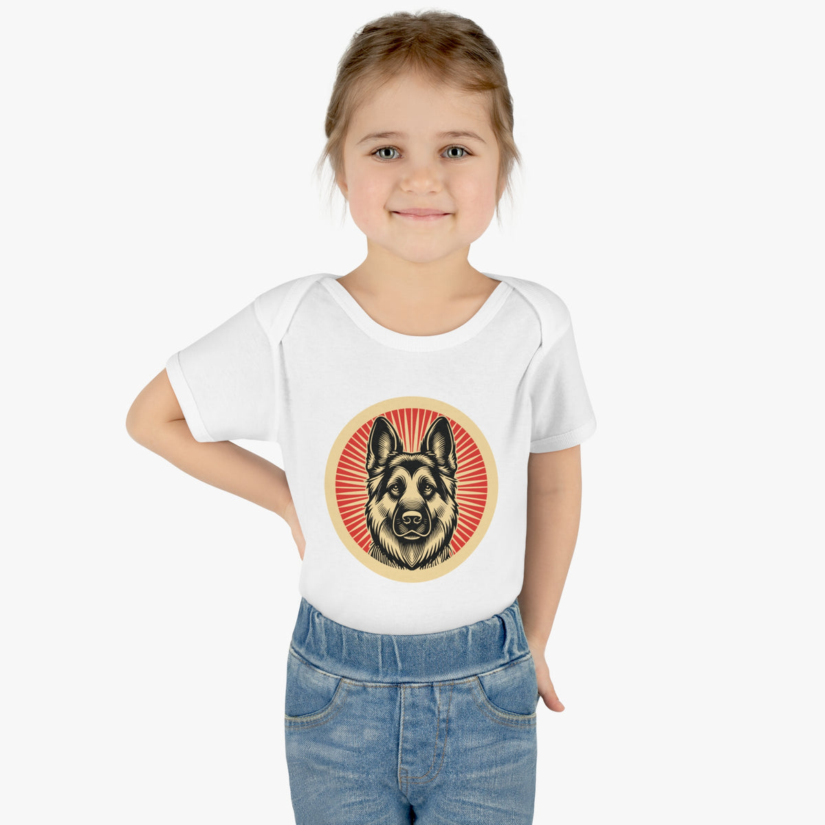 German Shepherd badge art in a ring of red rays on a baby bodysuit